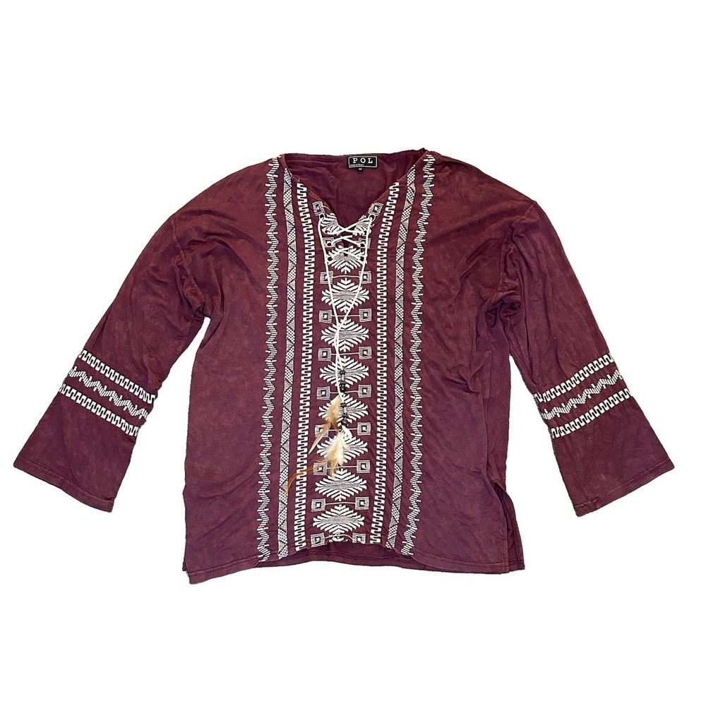 POL Women's MEDIUM Maroon Embroidered Aztec Native Boho Long Sleeve Tunic Blouse